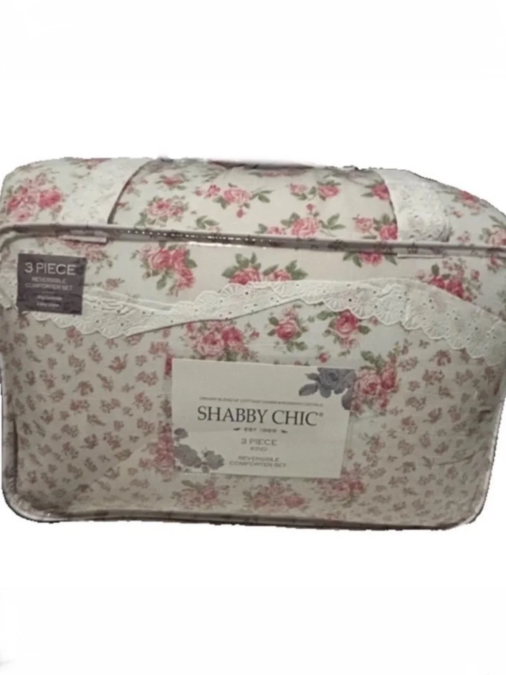 Shabby Chic Floral Pink & White Cotton Gauze King Comforter Set with Lace Trim
